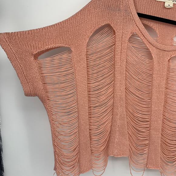 Vintage Havana Pink Acrylic Tape Yarn Shredded Half Sleeve Sweater Size Medium - Picture 2 of 5